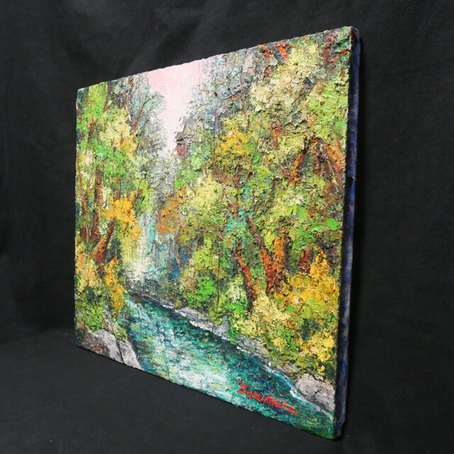 【真作】絵画　清水風朝　油彩8号　渓流の森　清流と新緑が織りなす癒し　W44 真作】絵画 清水風朝 油彩8号 渓流の森 清流と新緑が