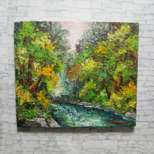 【真作】絵画　清水風朝　油彩8号　渓流の森　清流と新緑が織りなす癒し　W44 真作】絵画 清水風朝 油彩8号 渓流の森 清流と新緑が