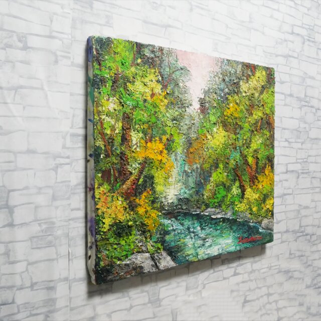 油絵 油彩 油彩画 絵 絵画 【新緑の渓流】 油絵【新緑の渓流】 | iichi 日々の暮らしを心地よくするハンドメイド