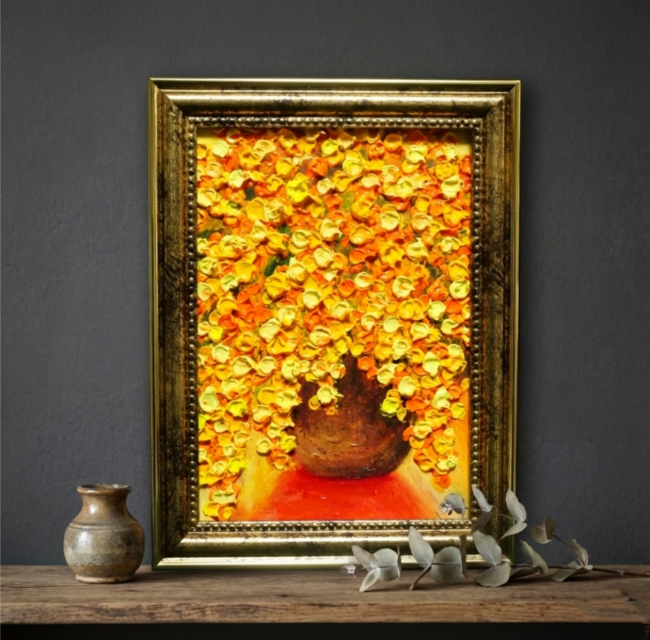 油絵 ミニ絵画 油彩画 【ミモザ】 絵画 原画 | iichi 日々の暮らしを