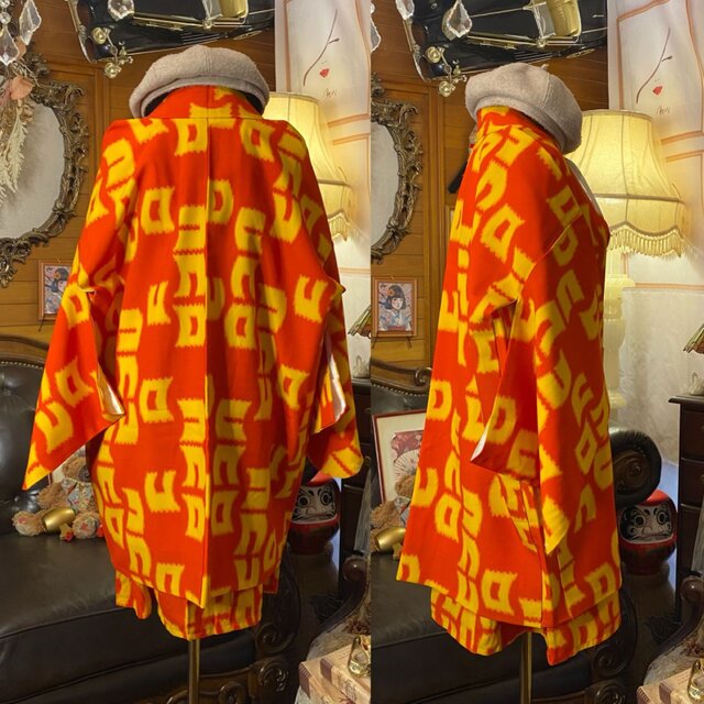 和洋折衷ワンピース 着物アンサンブル ミニミディ 名古屋帯サッシュベルト付き ハンドメイド レトロ 古着 情熱の朱色に踊るポップモダン aKW-133 和洋折衷ワンピース 着物アンサンブル ミニミディ 名古屋帯サッシュ