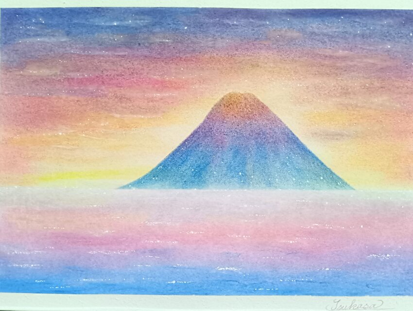 A4】パステルアート 暁と赤富士 新たな年の黎明 パステル画原画 富士山