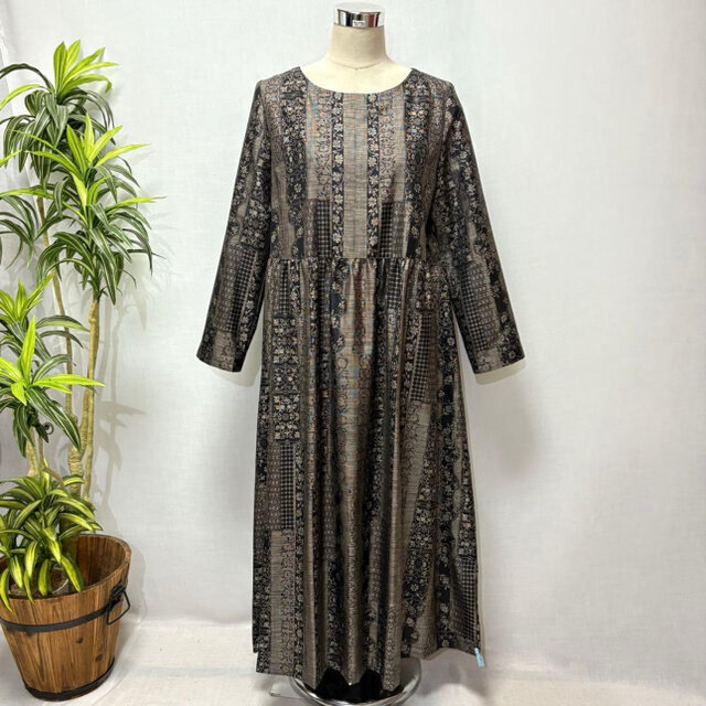 着物リメイク 大島紬花柄ワンピース ジャンパースカート 2WAY ゆったり