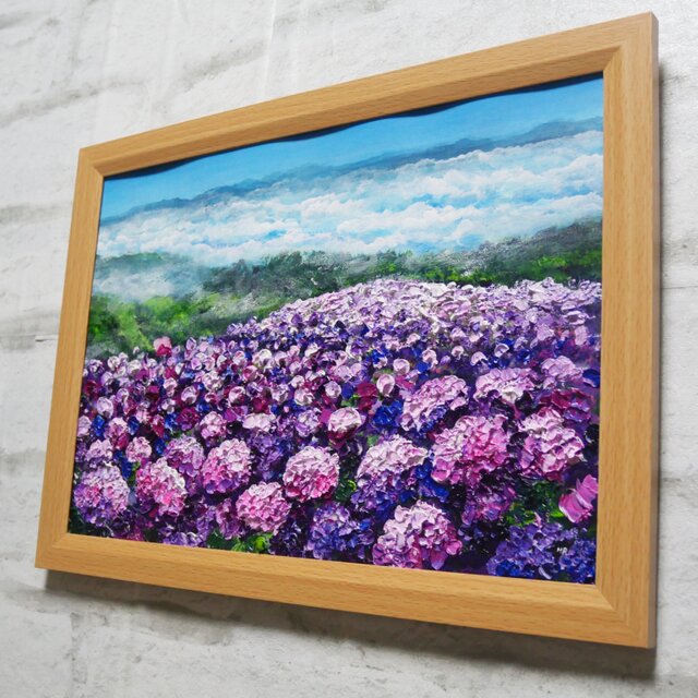 油絵 油彩 油彩画 絵 絵画【天空のピンクと紫の紫陽花】 | iichi 日々