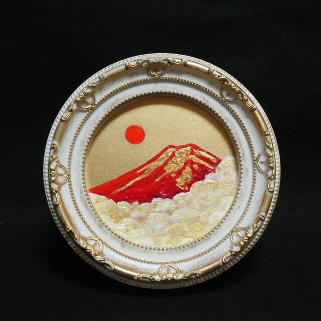 油絵 円形ミニ絵画【赤富士】【金】モダンインテリアアート | iichi