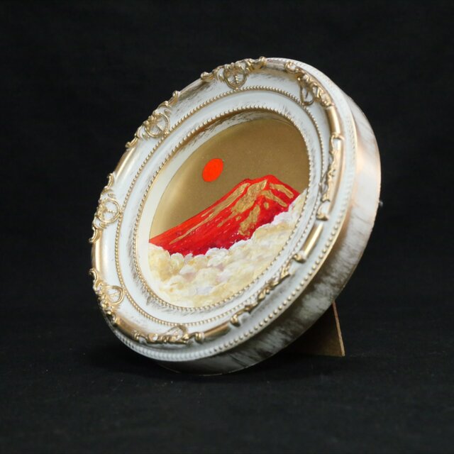 油絵 円形ミニ絵画【赤富士】【金】モダンインテリアアート | iichi