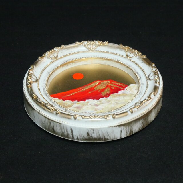 油絵 油彩 油彩画 絵 絵画 円形ミニ絵画 【赤富士】【金】 油絵 円形ミニ絵画【赤富士】【金】モダンインテリアアート | iichi