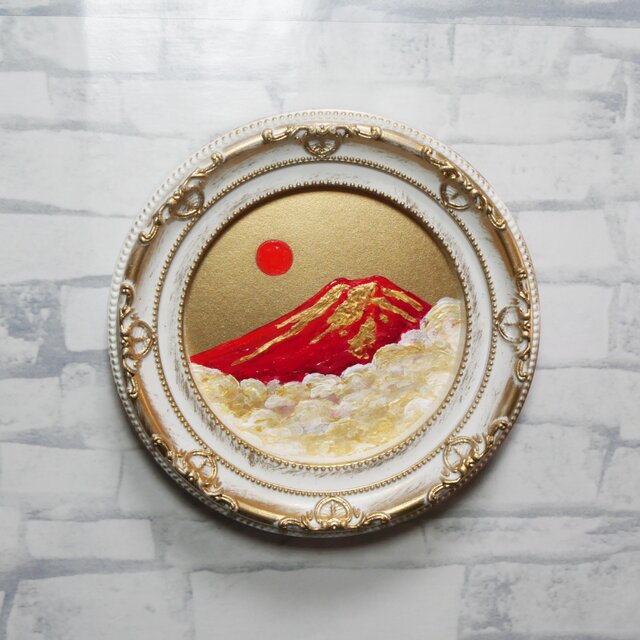 油絵 円形ミニ絵画【赤富士】【金】モダンインテリアアート | iichi