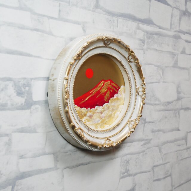 油絵 円形ミニ絵画【赤富士】【金】モダンインテリアアート | iichi