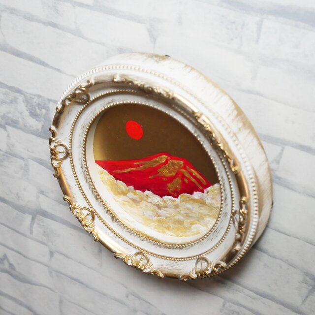 油絵 円形ミニ絵画【赤富士】【金】モダンインテリアアート | iichi