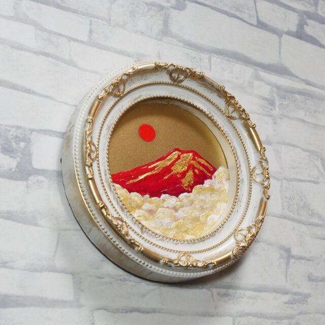 油絵 円形ミニ絵画【赤富士】【金】モダンインテリアアート 油絵 円形ミニ絵画【赤富士】【金】モダンインテリアアート | iichi