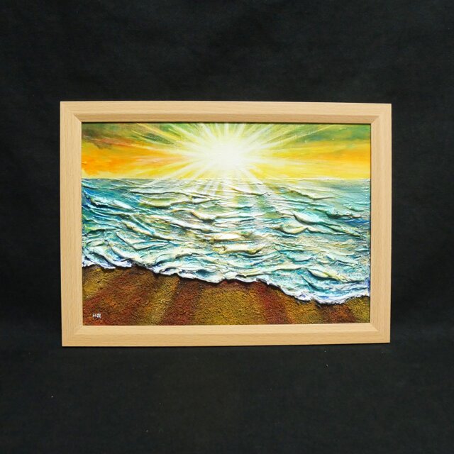 油絵 【潮風のまどろむ浜辺で】 海の絵 朝焼け 砂浜 アート | iichi