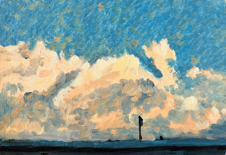 原画　油彩画「近所の風景　高速と空」絵画・サムホールサイズ（16×23㎝） 原画 油彩画「近所の風景 高速と空」絵画・サムホールサイズ（16×23