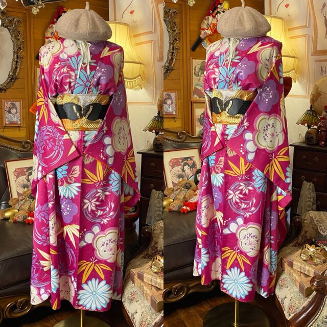 振袖 着物 ロングワンピース ドレス 2部式ローズ/バラ作り帯 リメイク