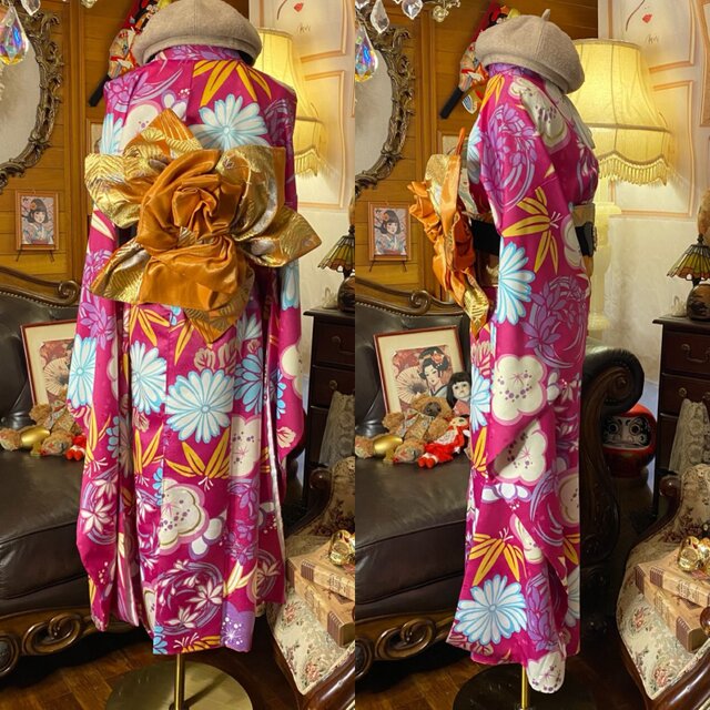 振袖 着物 ロングワンピース ドレス 2部式ローズ/バラ作り帯 リメイク
