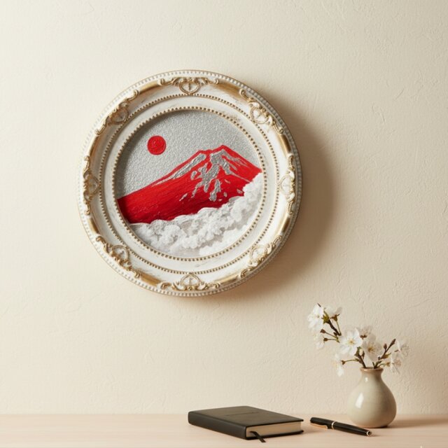 油彩画 円形ミニ絵画「赤富士」 銀の空と白い雲 | iichi 日々の暮らし