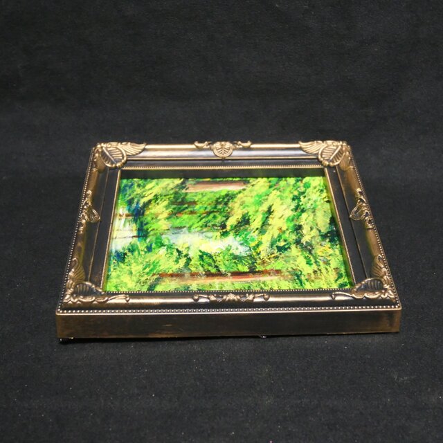 油絵 油彩 油彩画 絵 絵画 ミニ色紙【緑の湖】 絵画 油彩 ミニ色紙絵 「緑の湖」 | iichi 日々の暮らしを心地よくする