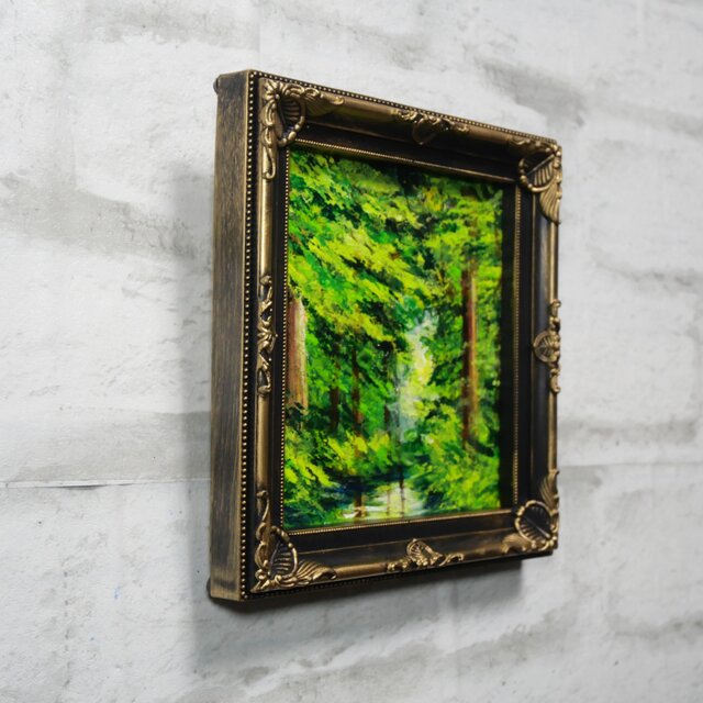 絵画 油彩 ミニ色紙絵 「緑の湖」 | iichi 日々の暮らしを心地よくする