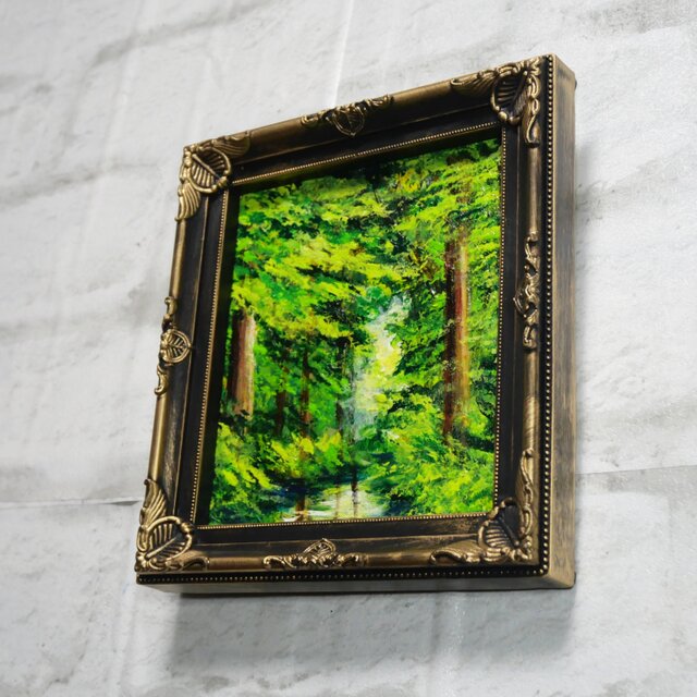 絵画 油彩 ミニ色紙絵 「緑の湖」 | iichi 日々の暮らしを心地よくする