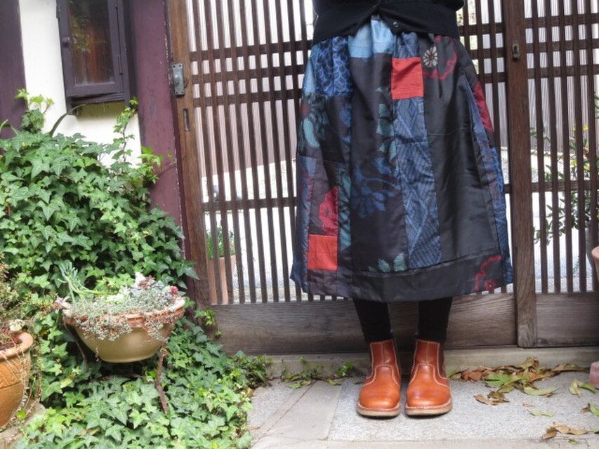 着物リメイク☆渋大島でパッチ＆パッチ粋な赤も入れて72cm丈