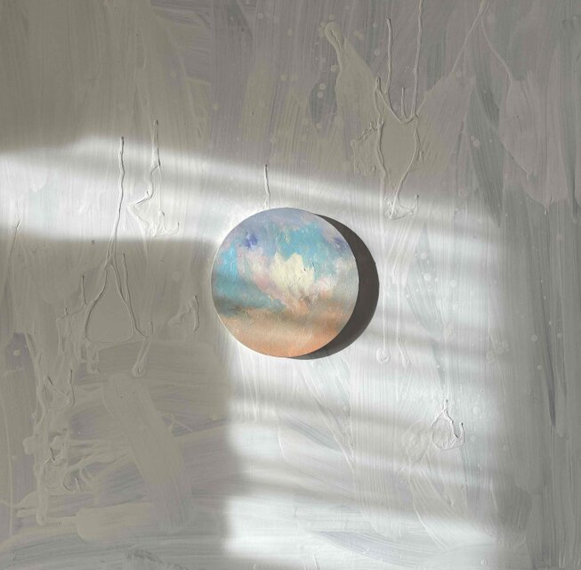 油彩 絵画 『空』丸形アートパネル 直径20cmインテリア 絵画 原画