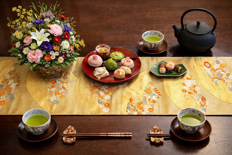 16)2407】180cm/扇小花文様/タペストリー・テーブルランナー/和風/帯