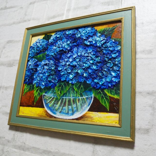 油絵 油彩 油彩画 絵 絵画【青い紫陽花】 | iichi 日々の暮らしを