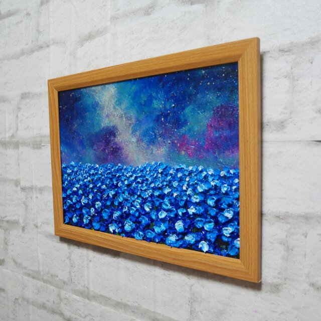 油絵 油彩 油彩画 絵 絵画【ネモフィラの田んぼに輝く天の川】 | iichi