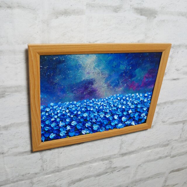 油絵 油彩 油彩画 絵 絵画【ネモフィラの田んぼに輝く天の川】 | iichi
