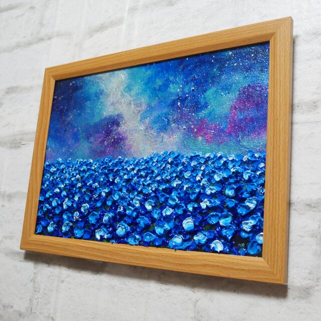 油絵 油彩 油彩画 絵 絵画【ネモフィラの田んぼに輝く天の川】 | iichi