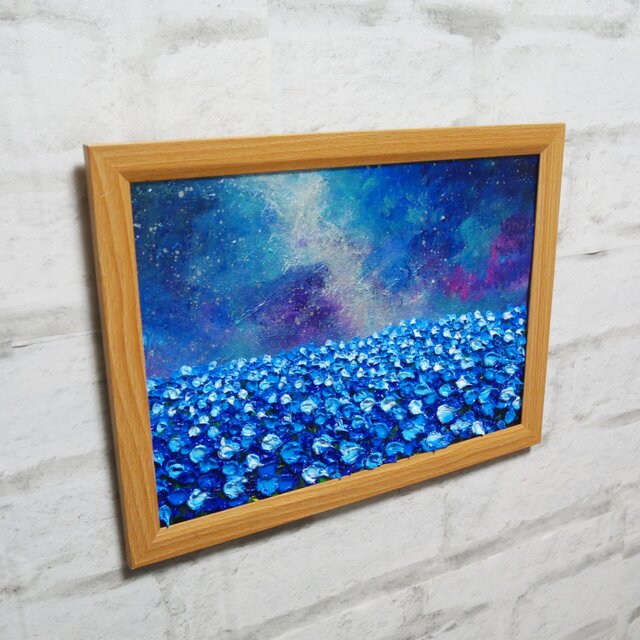 油絵 油彩 油彩画 絵 絵画【ネモフィラの田んぼに輝く天の川】 | iichi