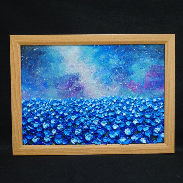 油絵 油彩 油彩画 絵 絵画【ネモフィラの田んぼに輝く天の川】 油絵 油彩 油彩画 絵 絵画【ネモフィラの田んぼに輝く天の川】 | iichi