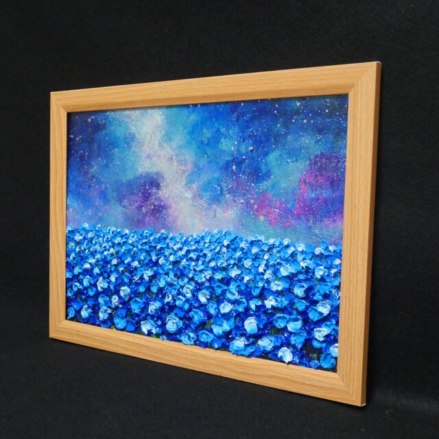 油絵 油彩 油彩画 絵 絵画【ネモフィラの田んぼに輝く天の川】 | iichi