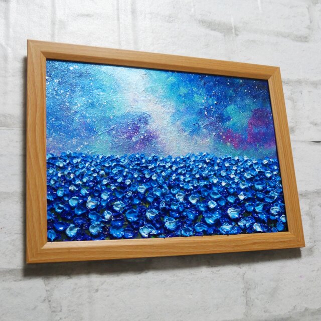 油絵 油彩 油彩画 絵 絵画【ネモフィラの田んぼに輝く天の川】 | iichi