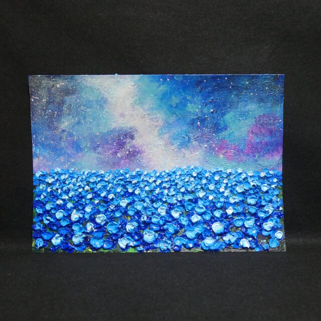 油絵 油彩 油彩画 絵 絵画【ネモフィラの田んぼに輝く天の川】 | iichi