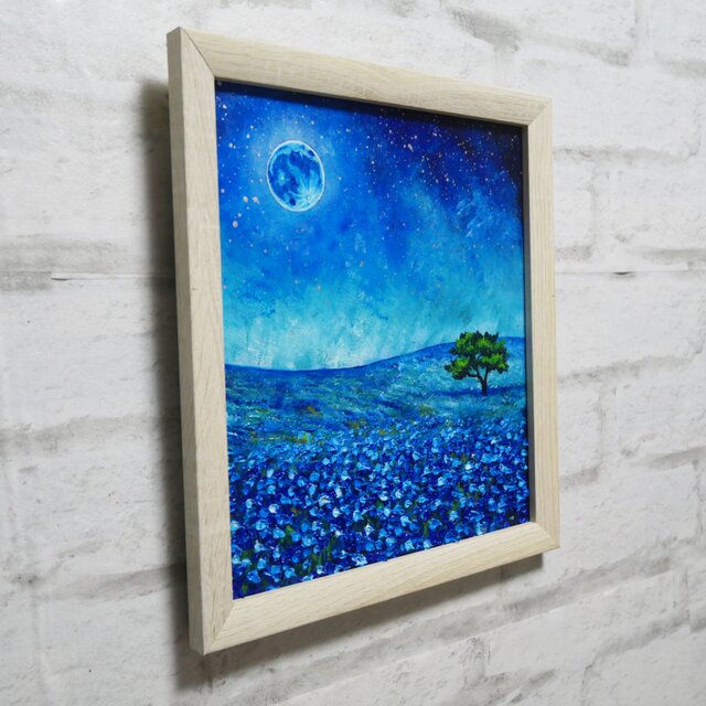 油絵 油彩 油彩画 絵 絵画 【ネモフィラと青い満月と星空】 | iichi