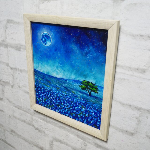 油絵 油彩 油彩画 絵 絵画 【ネモフィラと青い満月と星空】 | iichi