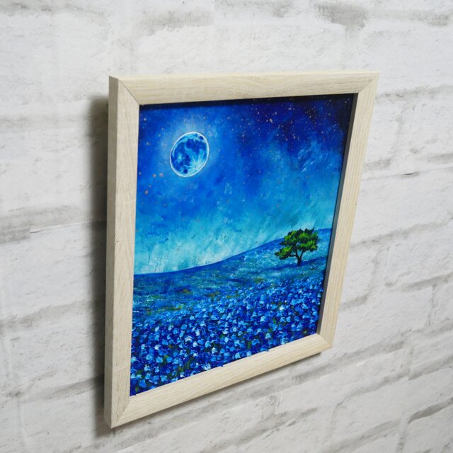 油絵 油彩 油彩画 絵 絵画 【ネモフィラと青い満月と星空】 | iichi