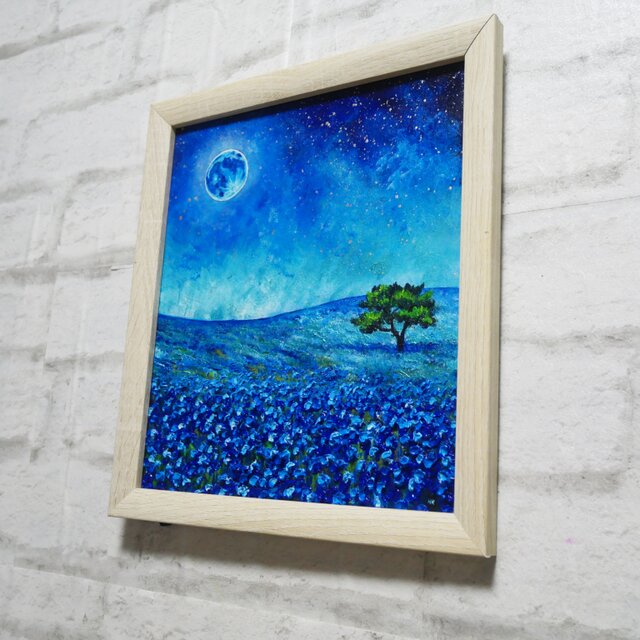 油絵 油彩 油彩画 絵 絵画 【ネモフィラと青い満月と星空】 | iichi
