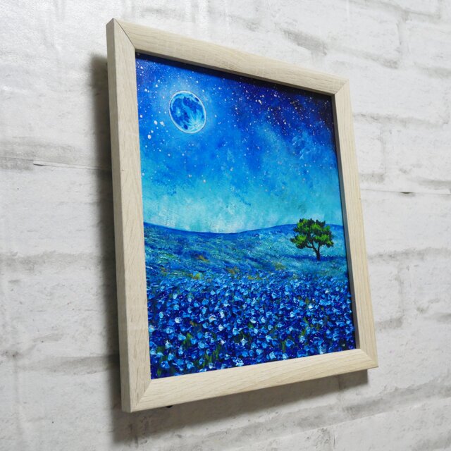 油絵 油彩 油彩画 絵 絵画 【ネモフィラと青い満月と星空】 | iichi