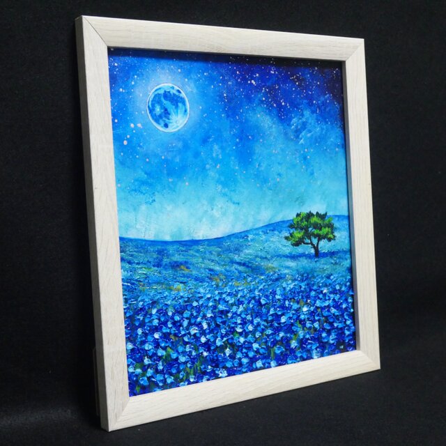 油絵 油彩 油彩画 絵 絵画 【ネモフィラと青い満月と星空】 | iichi