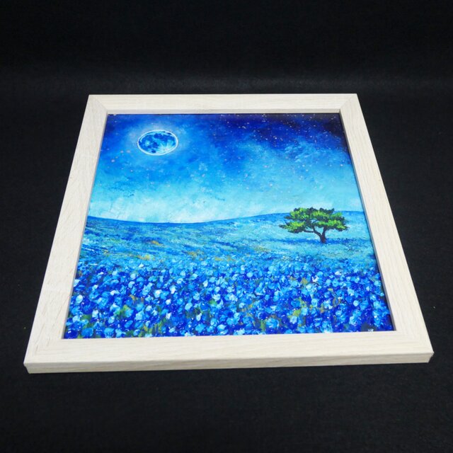 油絵 油彩 油彩画 絵 絵画 【ネモフィラと青い満月と星空】 | iichi