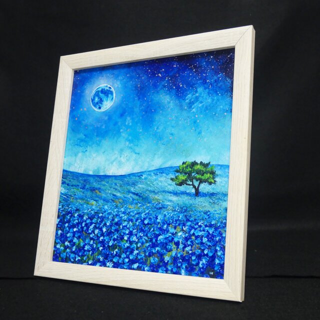 油絵 油彩 油彩画 絵 絵画 【ネモフィラと青い満月と星空】 | iichi
