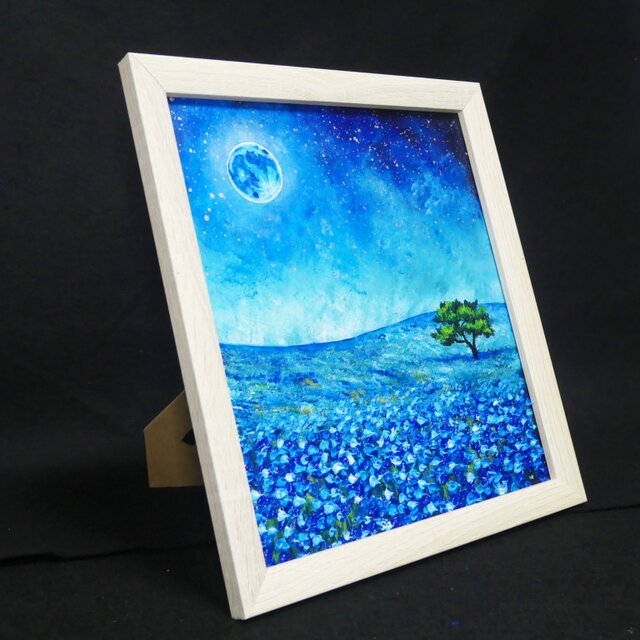 油絵 油彩 油彩画 絵 絵画 【ネモフィラと青い満月と星空】 | iichi