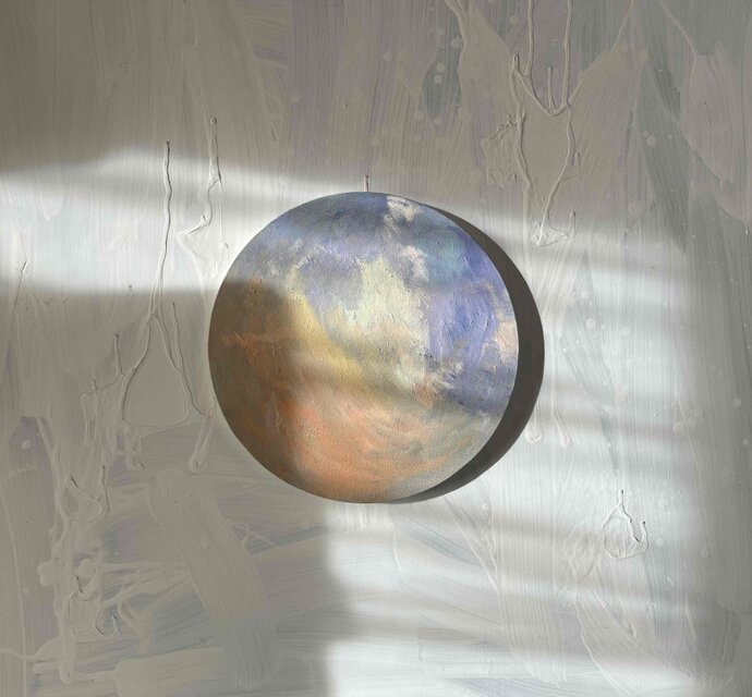 油彩 絵画 『空』丸形アートパネル 直径30cmインテリア 絵画 原画