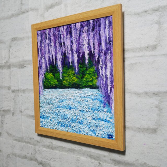 油絵 油彩 油彩画 絵 絵画【ネモフィラと藤の花】春〜初夏を感じる