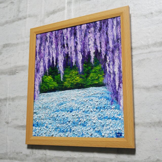 油絵 油彩 油彩画 絵 絵画【ネモフィラと藤の花】春〜初夏を感じる