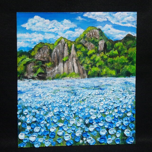 女性の油絵　青系 原画】静寂の青に溶ける、ネモフィラの丘と一本の木 | iichi 日々の