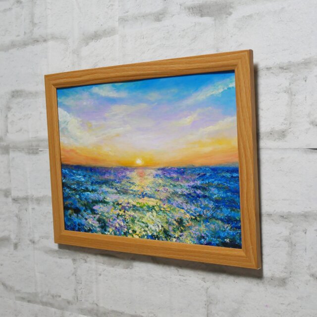 油絵 油彩 油彩画 絵 絵画【夕日に輝くネモフィラ】 | iichi 日々の