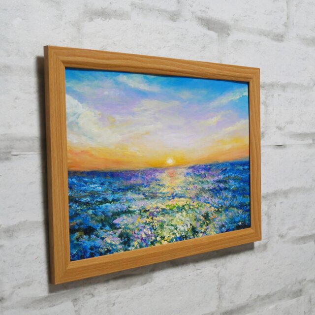 油絵 油彩 油彩画 絵 絵画【夕日に輝くネモフィラ】 | iichi 日々の